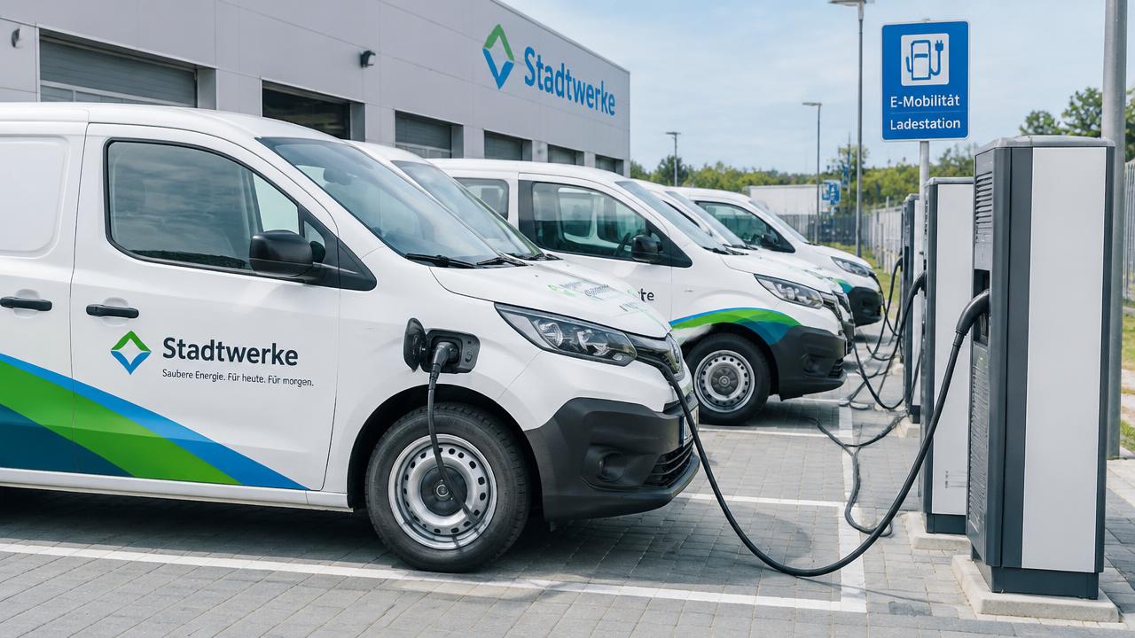Elektrische Firmentransporter an Ladesäulen auf dem Betriebshof