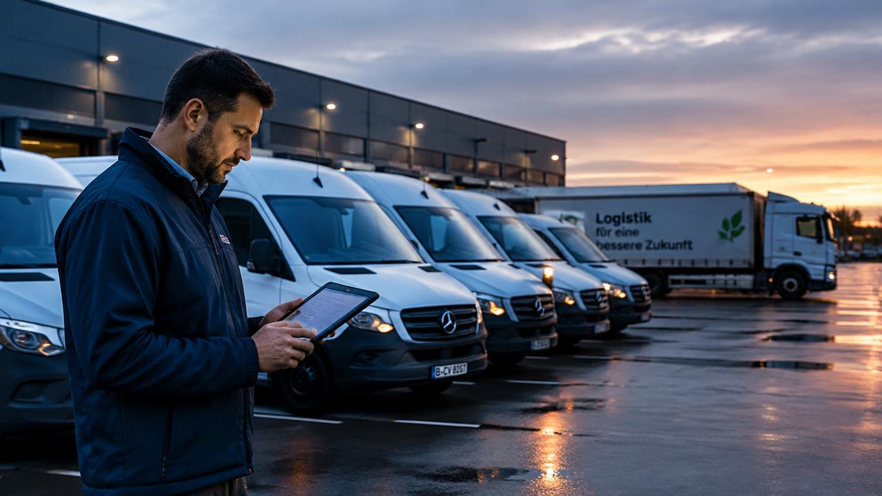 Fuhrparkleiter prüft Transporter und LKW auf dem Betriebshof