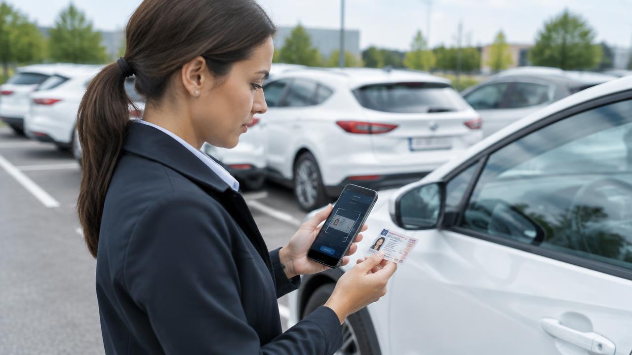 Fuhrparkverantwortliche prüft einen Führerschein per App