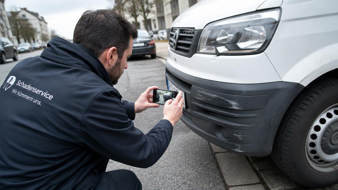 Schaden an einem Transporter wird mit dem Smartphone dokumentiert