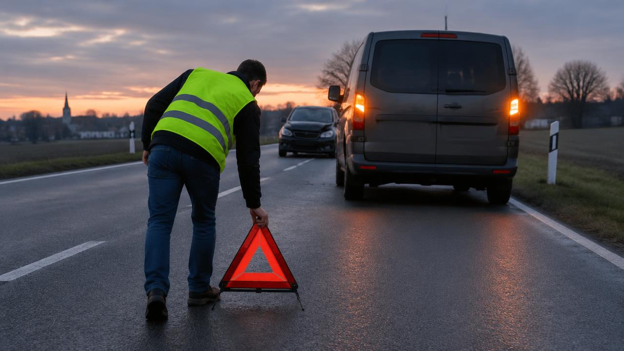 Fahrer stellt nach einem Unfall ein Warndreieck hinter einem Transporter auf
