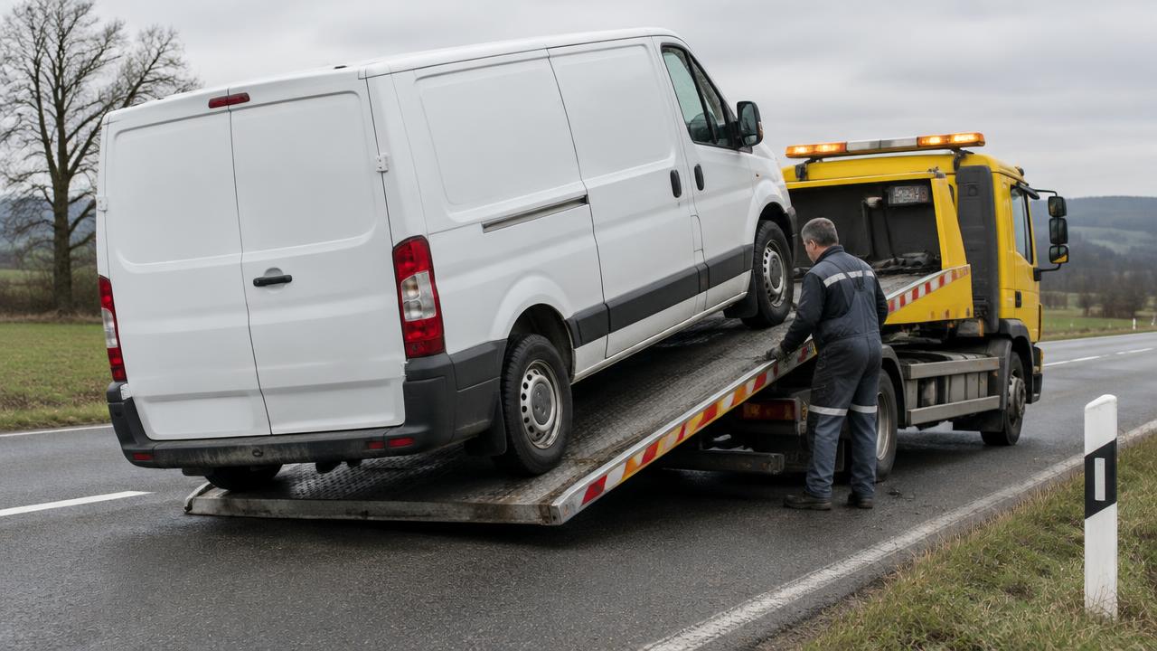 Transporter wird nach einer Panne auf einen Abschleppwagen geladen